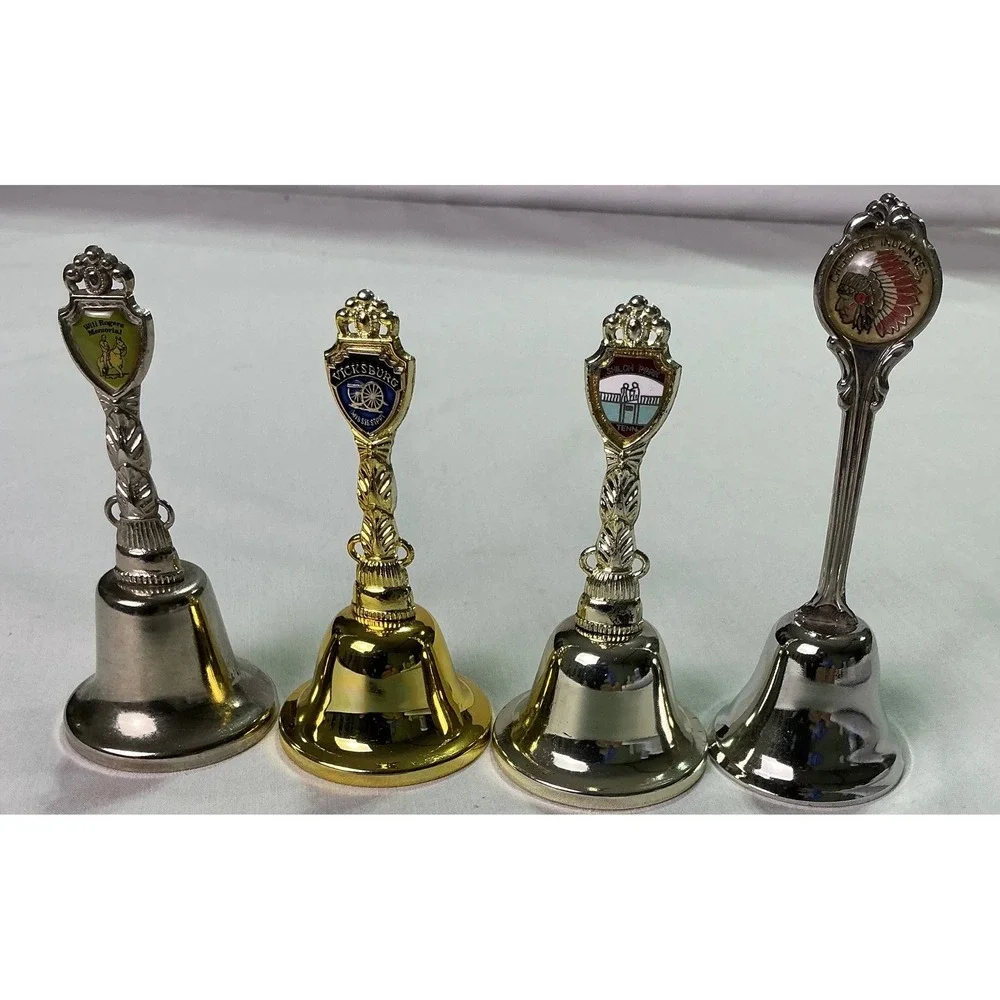 4 Vintage Souvenir Hand Bells Vicksburg Shiloh‎ Park Will Rogers Native American